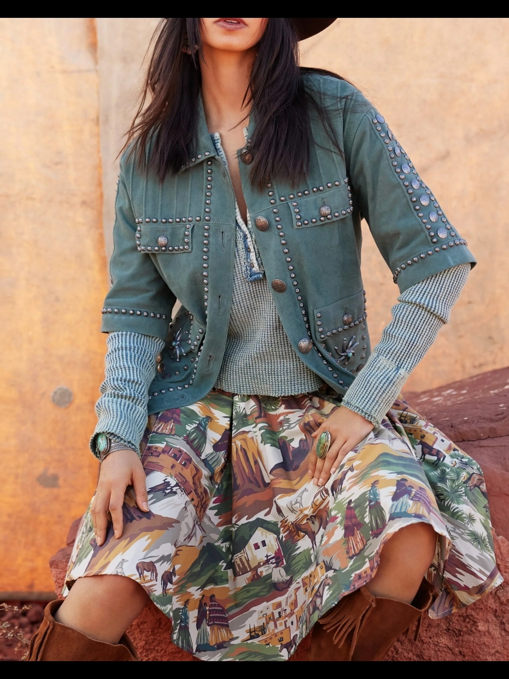 Double D Ranch South western Boho Mini Skirt  Green, Brown, Tan, Yellow Medium
